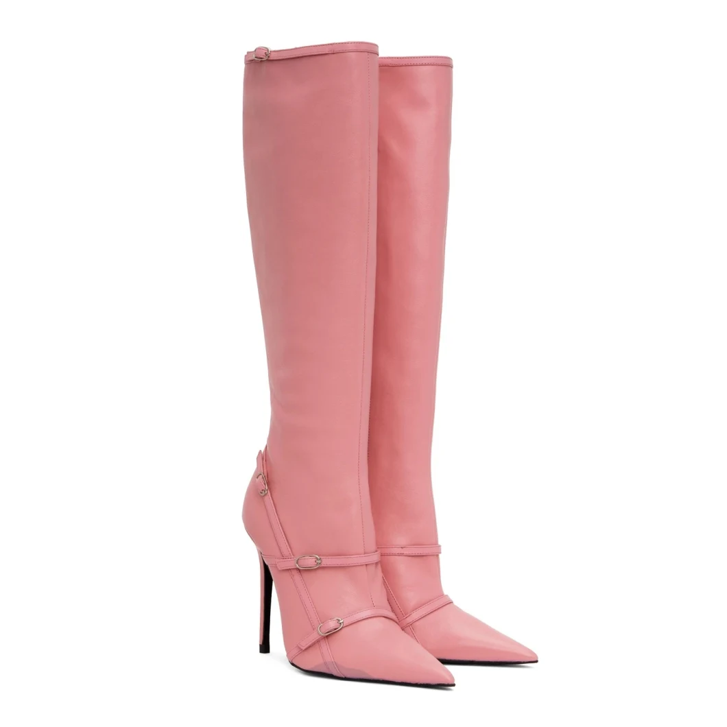 Winter Boots Sexy Party Shoes Pink Leather Buckle Short Boots Fashion Ankle Boots