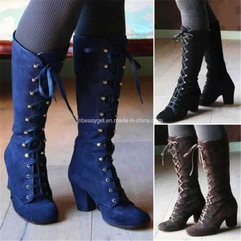 Womens Strappy Lace-up Knee High Combat Stacked Low Heel Zipper Stacked Heel Boots Esg13488