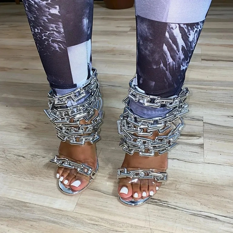 Chain Sandals Summer Hot Sale Party High Heels Luxury Meatal Chain Womens Shoes