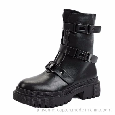 prix d'usine hiver nouveau design de mode en cuir noir femmes bout rond bottines chelsea plates pour dames