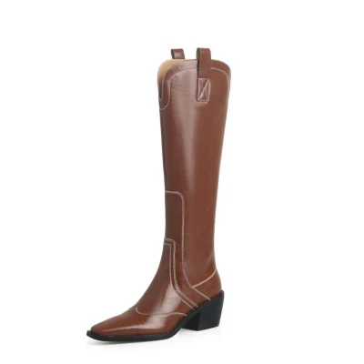 Bottes d'hiver en cuir de vache gras marron Bottes hautes au genou à talons bas pour femmes