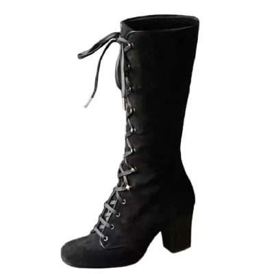 Womens Strappy Lace-up Knee High Combat Stacked Low Heel Zipper Stacked Heel Boots ESG13488