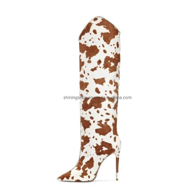 Bottes hautes au genou pour femmes sexy à imprimé vache