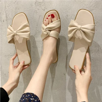 Vente chaude pas cher d'été Womens Bow Slipper Slide Sandals Lady Chaussures Summer Flats Slipper